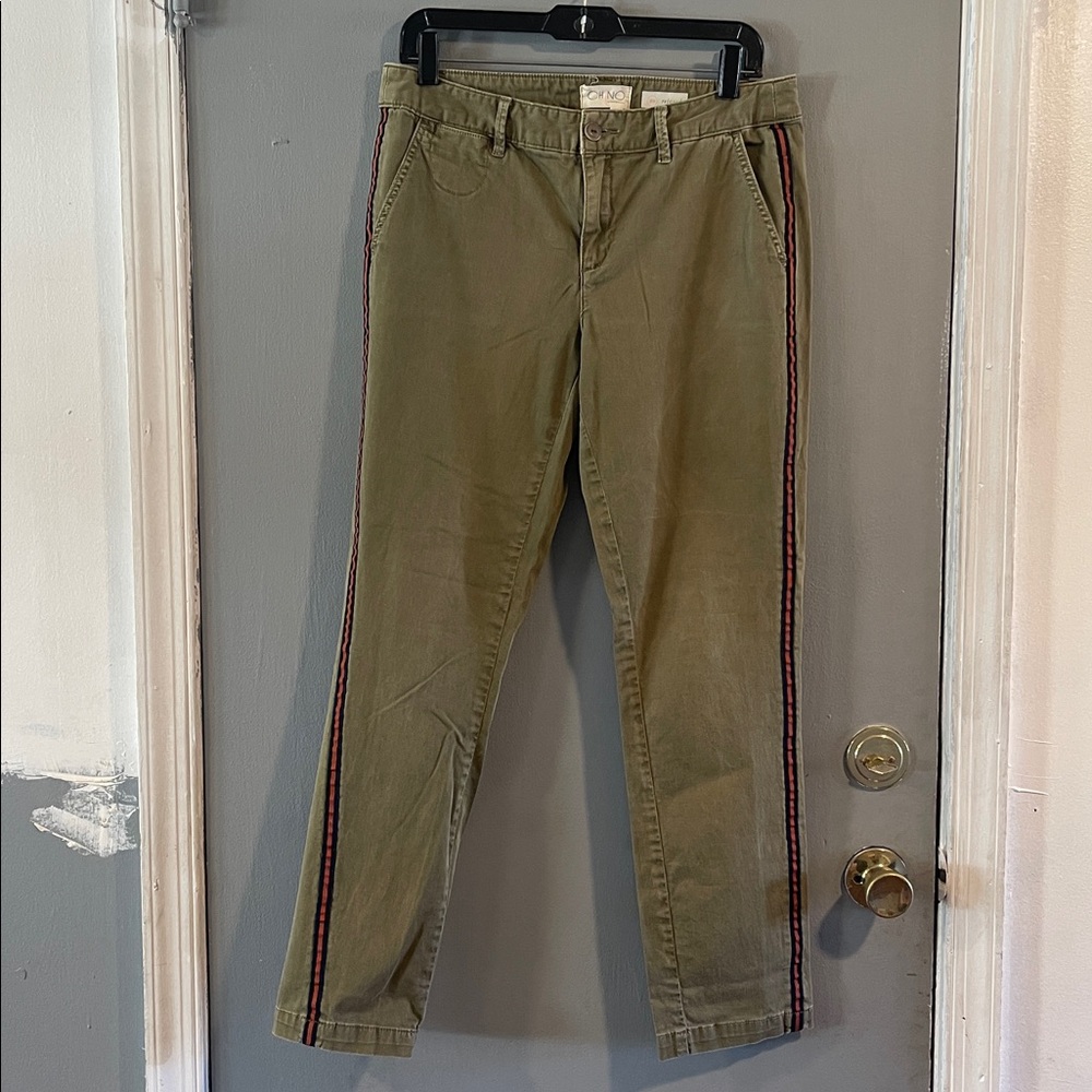 Anthropologie Olive Straight Leg Pants with Red Stripe